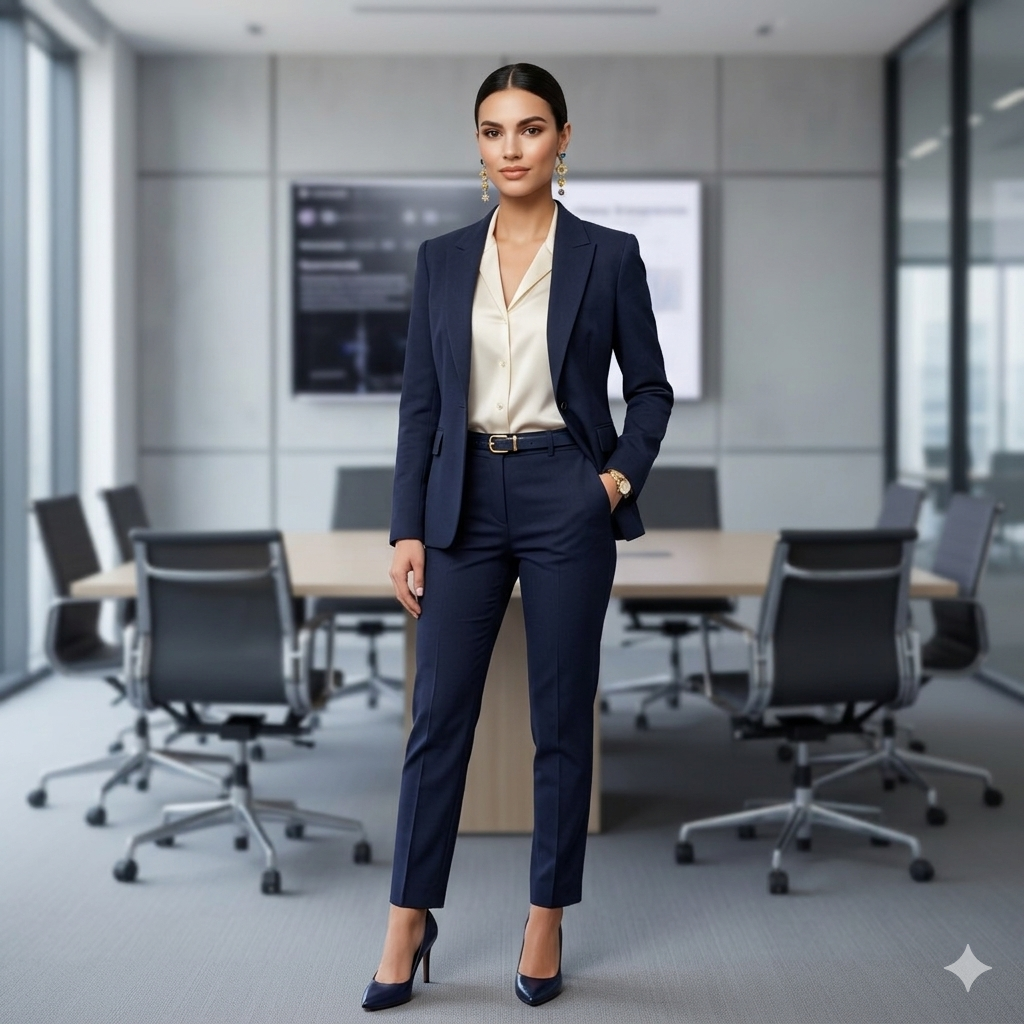 Woman in a navy suit standing in an office conference room.
