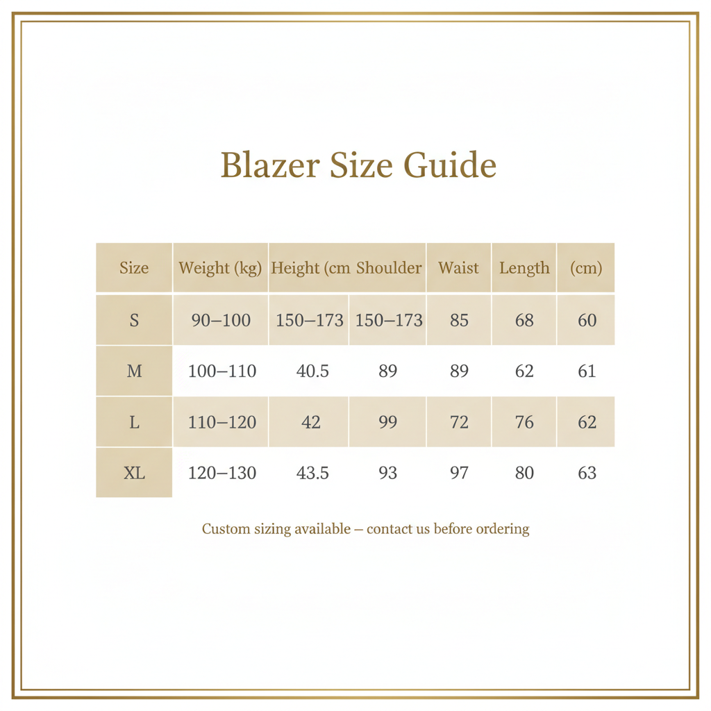 A size guide table for a blazer, showing sizes S through XL with weight ranges, height in centimeters, shoulder, waist, and length measurements. The table is centered on a light cream background with a thin decorative border.