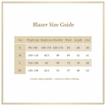 A size guide table for a blazer, showing sizes S through XL with weight ranges, height in centimeters, shoulder, waist, and length measurements. The table is centered on a light cream background with a thin decorative border.