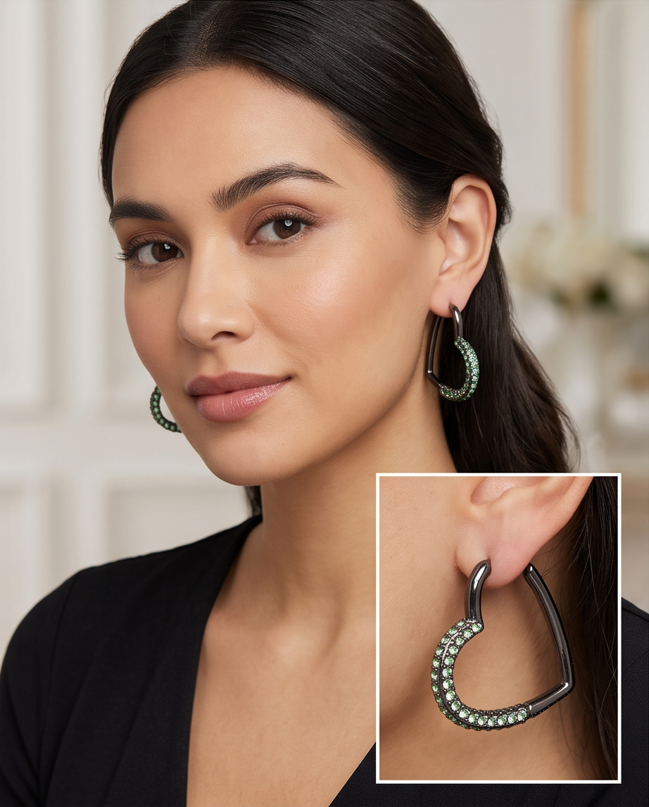 Close-up of green crystal detailing on dark metallic heart hoop earrings