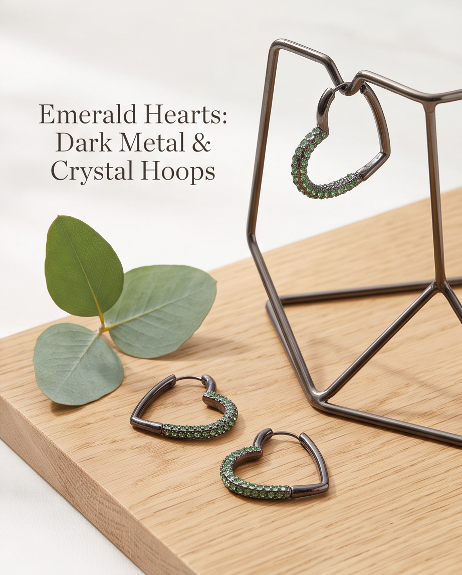 Green crystal heart hoop earrings styled on a wooden display
