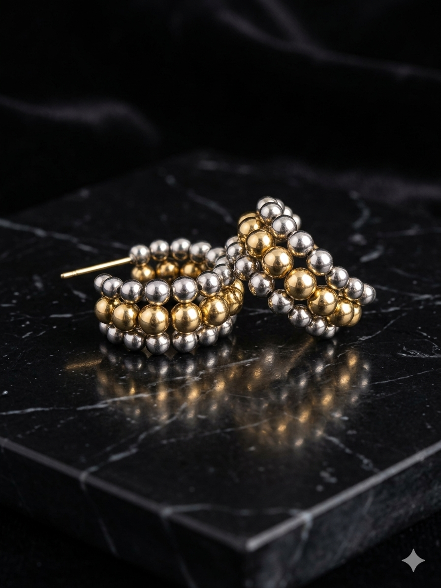Two-Tone Beaded Chunky Hoop Earrings — Silver & Gold