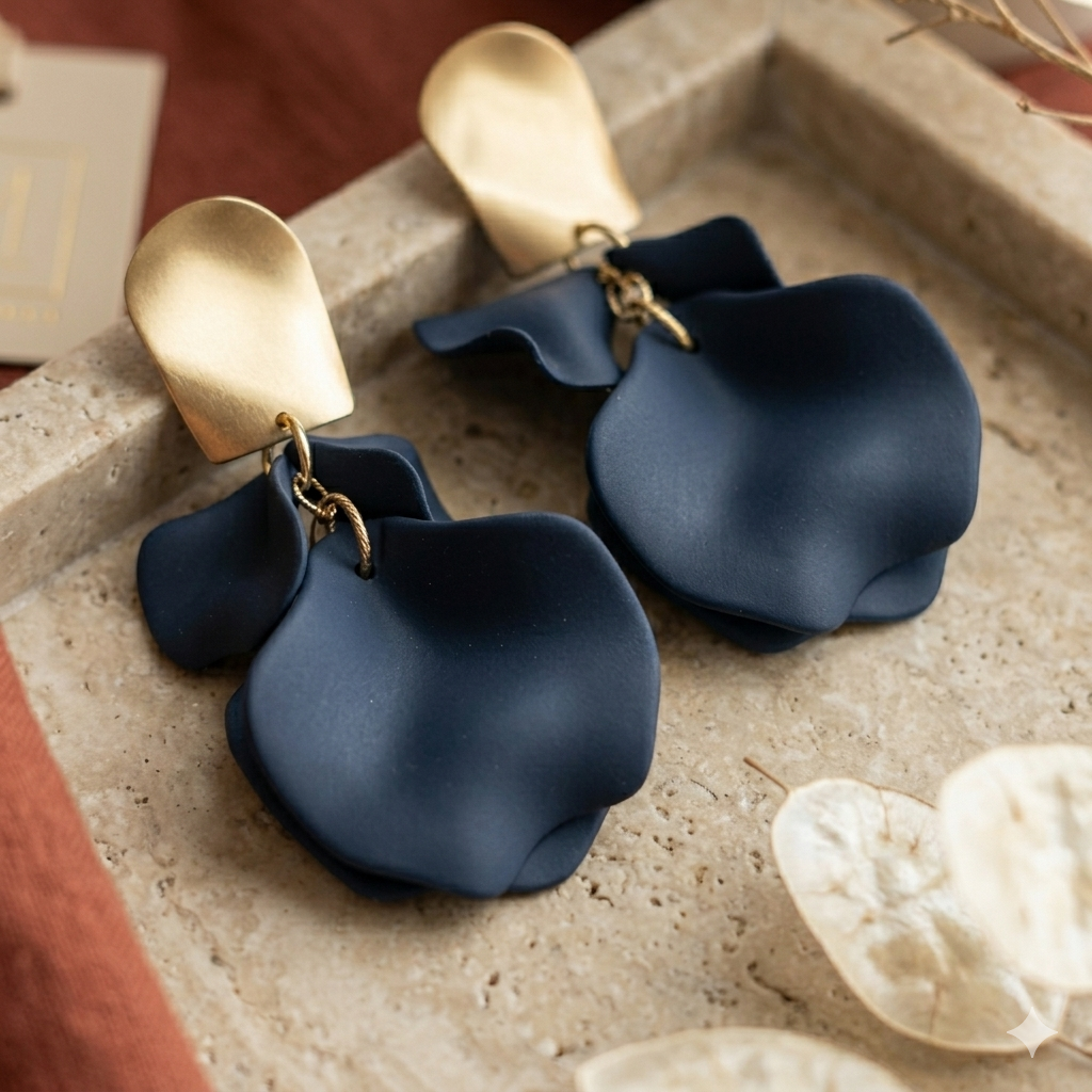 Navy Blue Matte Petal Drop Earrings