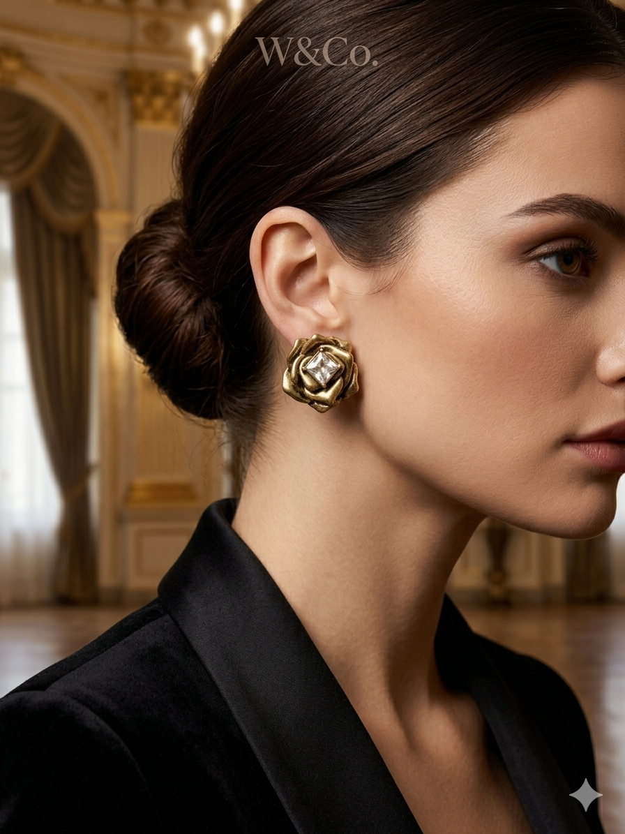 Antique Gold Rose Crystal Stud Earrings
