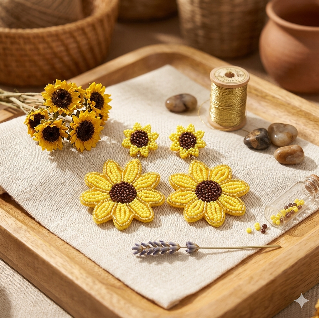 Sunflower Beaded Double Drop Earrings