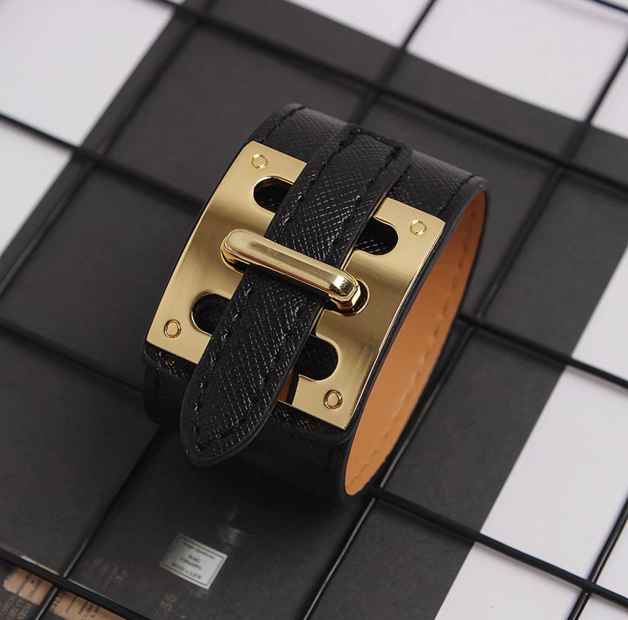 Black Saffiano Leather Gold H-Buckle Bracelet