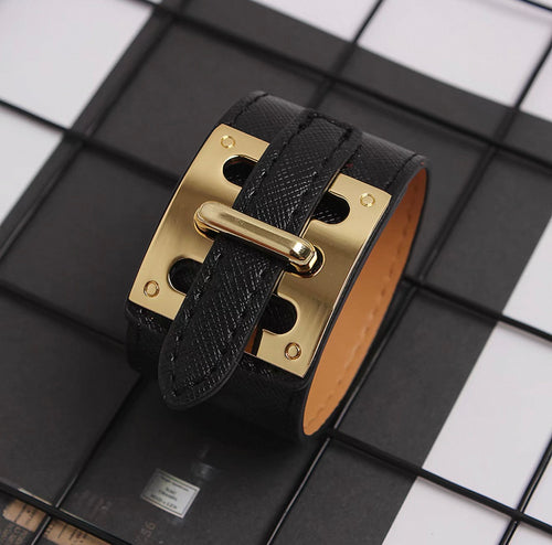 Black Saffiano Leather Gold H-Buckle Bracelet