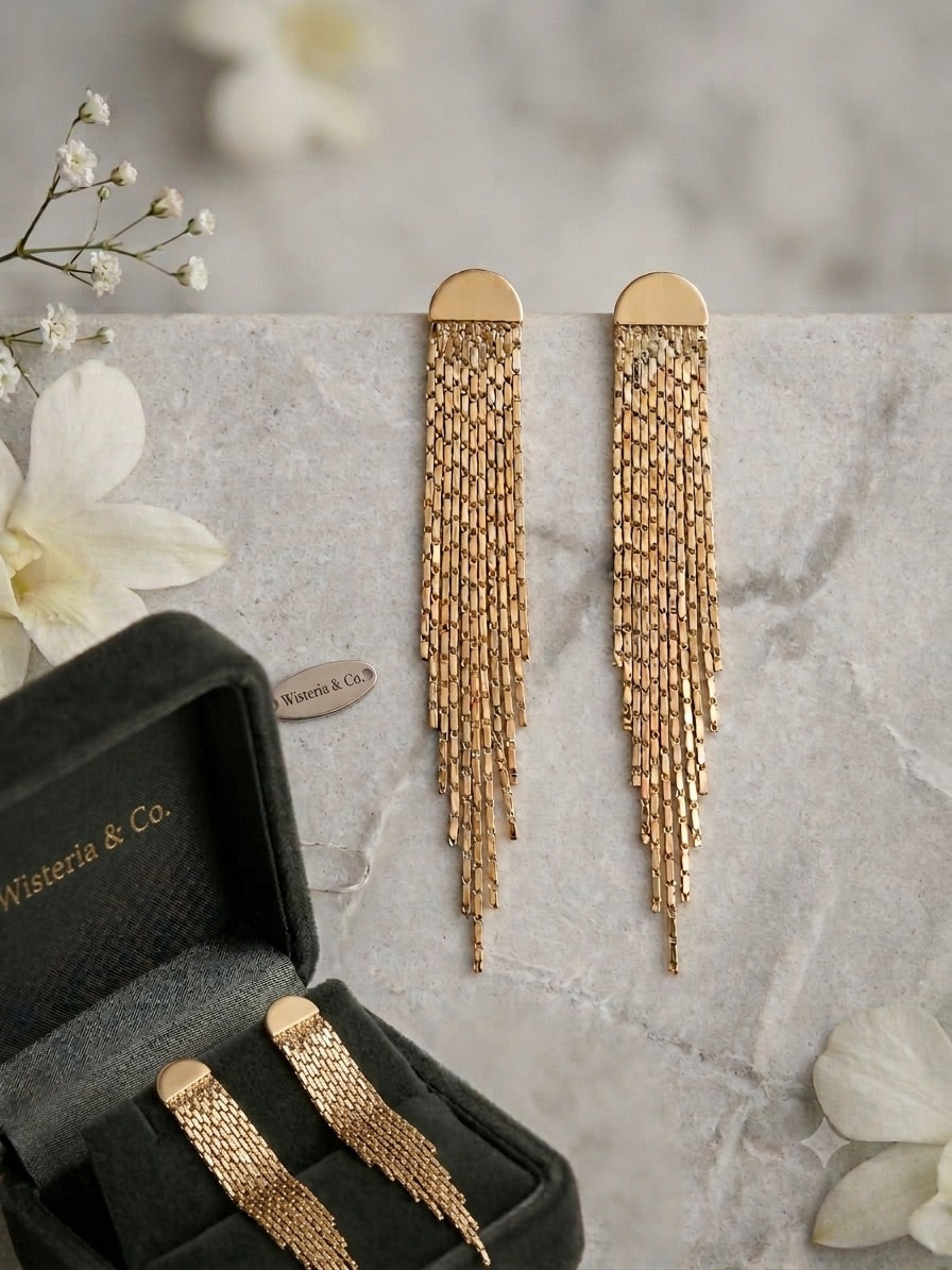 Gold Half-Moon Chain Fringe Drop Earrings