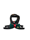 Snowboard binding with green and red accents on a white background