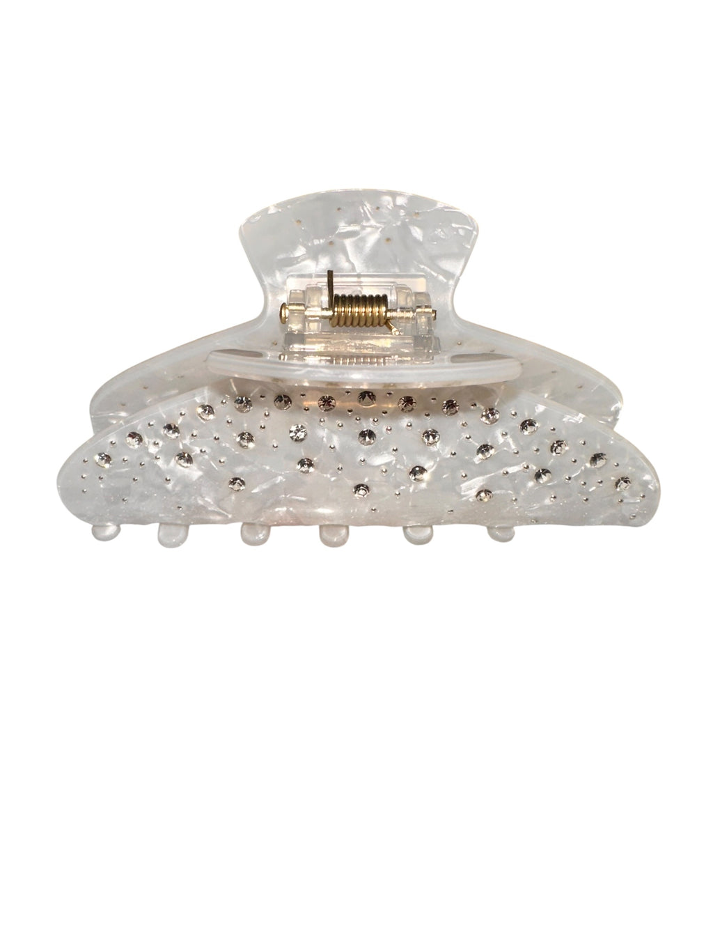 Clear hair clip with embedded rhinestones on a white background