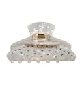 Clear hair clip with embedded rhinestones on a white background