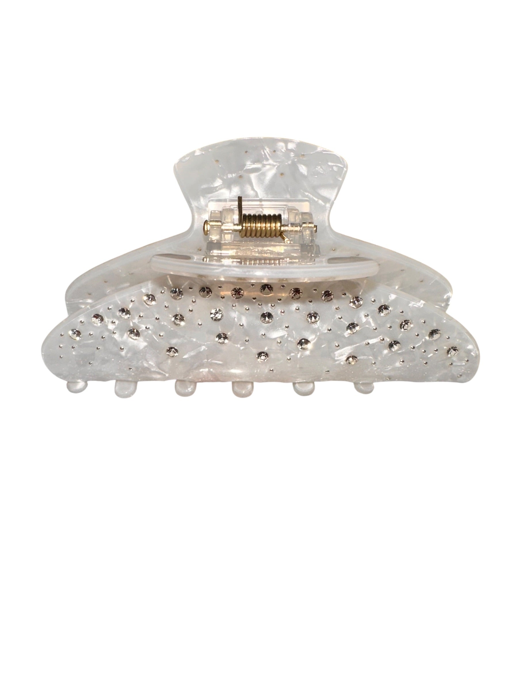 Clear hair clip with embedded rhinestones on a white background