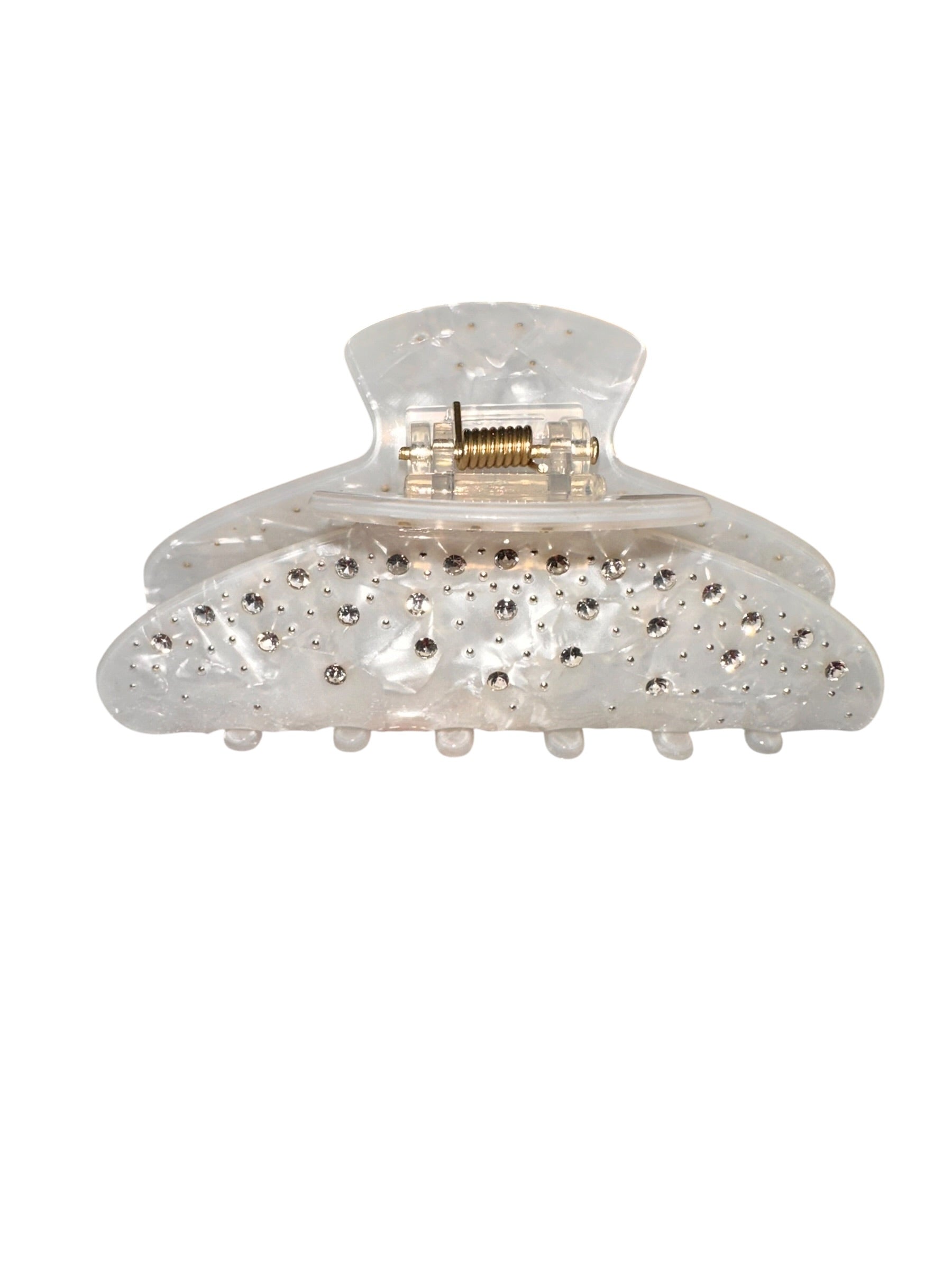 Clear hair clip with rhinestone embellishments on a white background