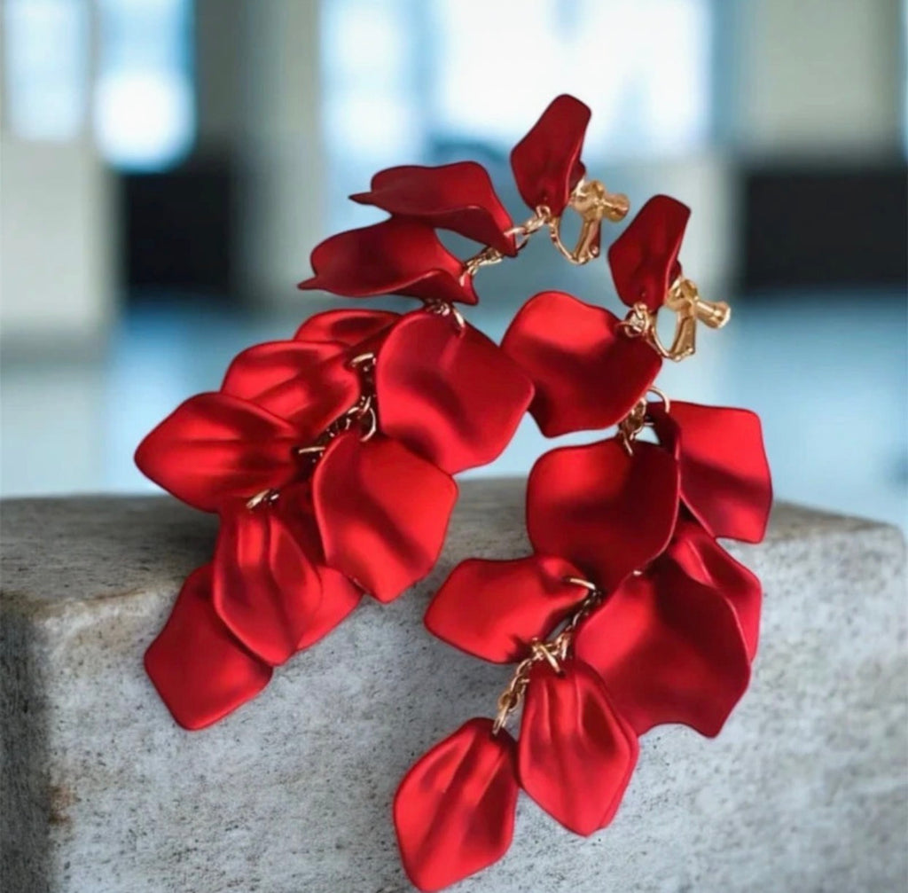 Red Satin Petal Cascade Drop Earrings