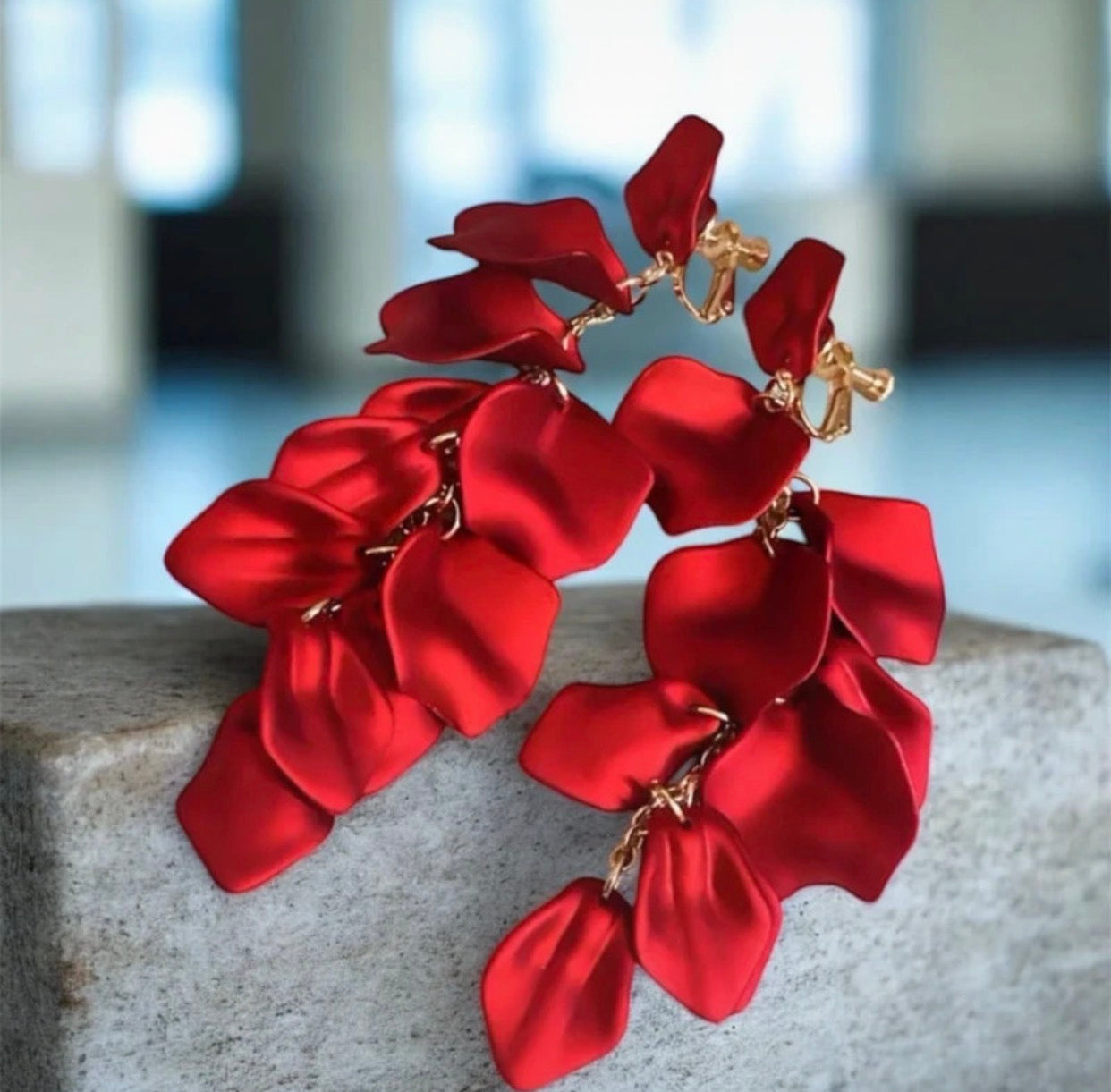 Red Satin Petal Cascade Drop Earrings
