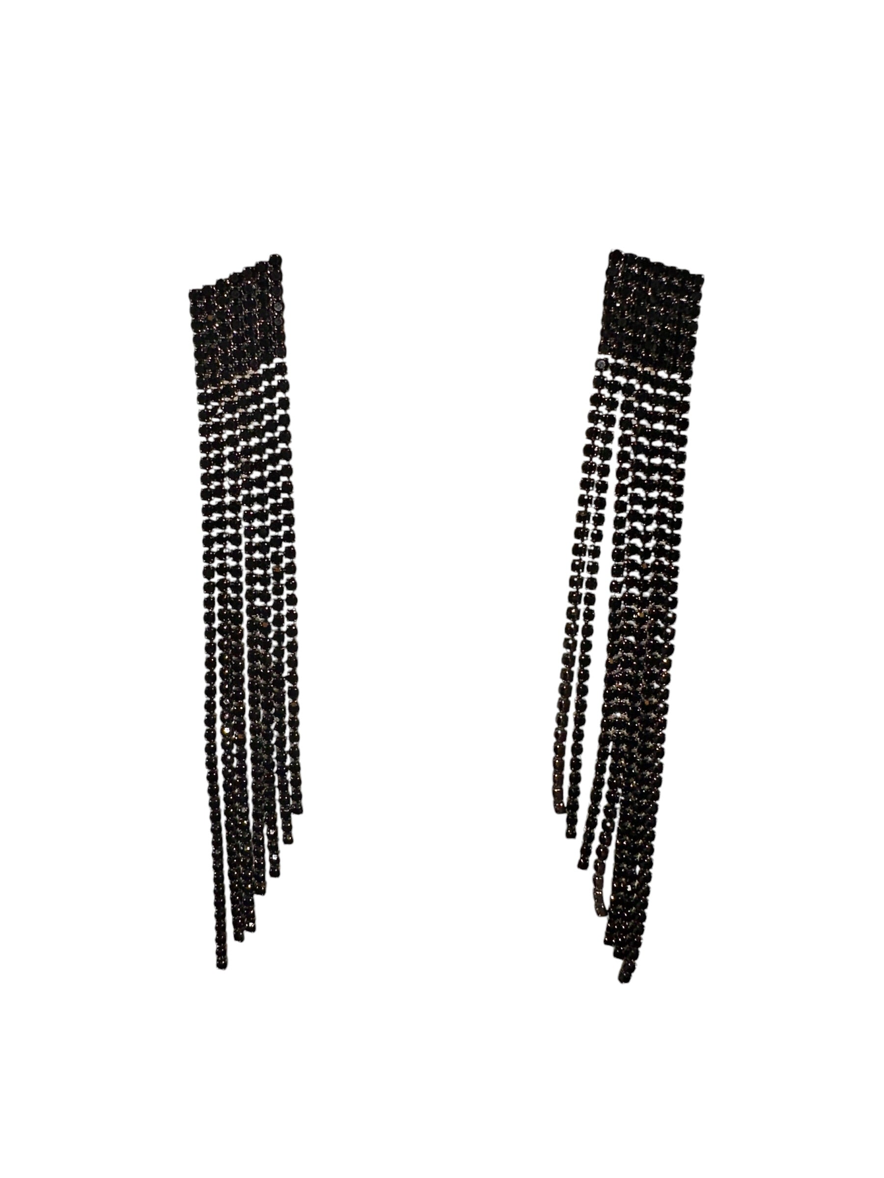 Jet Black Crystal Fringe Drop Earrings