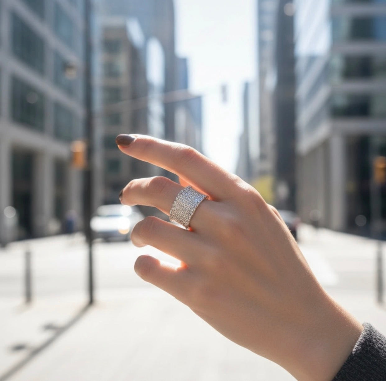 Silver Crystal Mesh Wide Band Open Ring