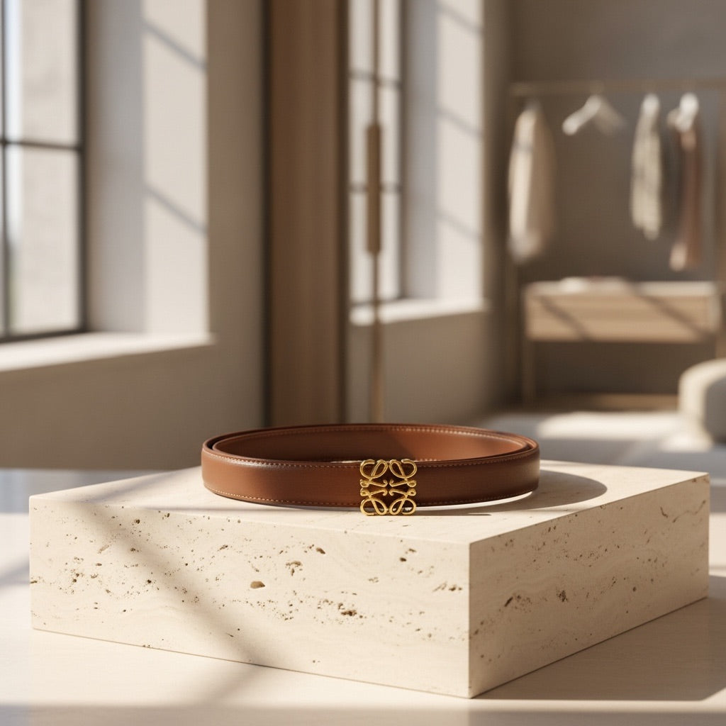 Brown leather belt with a gold buckle on a stone surface, sunlit room background