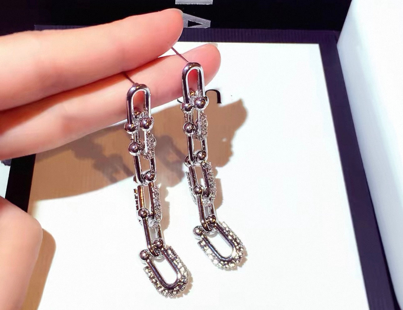 Silver Crystal Chain Link Drop Earrings