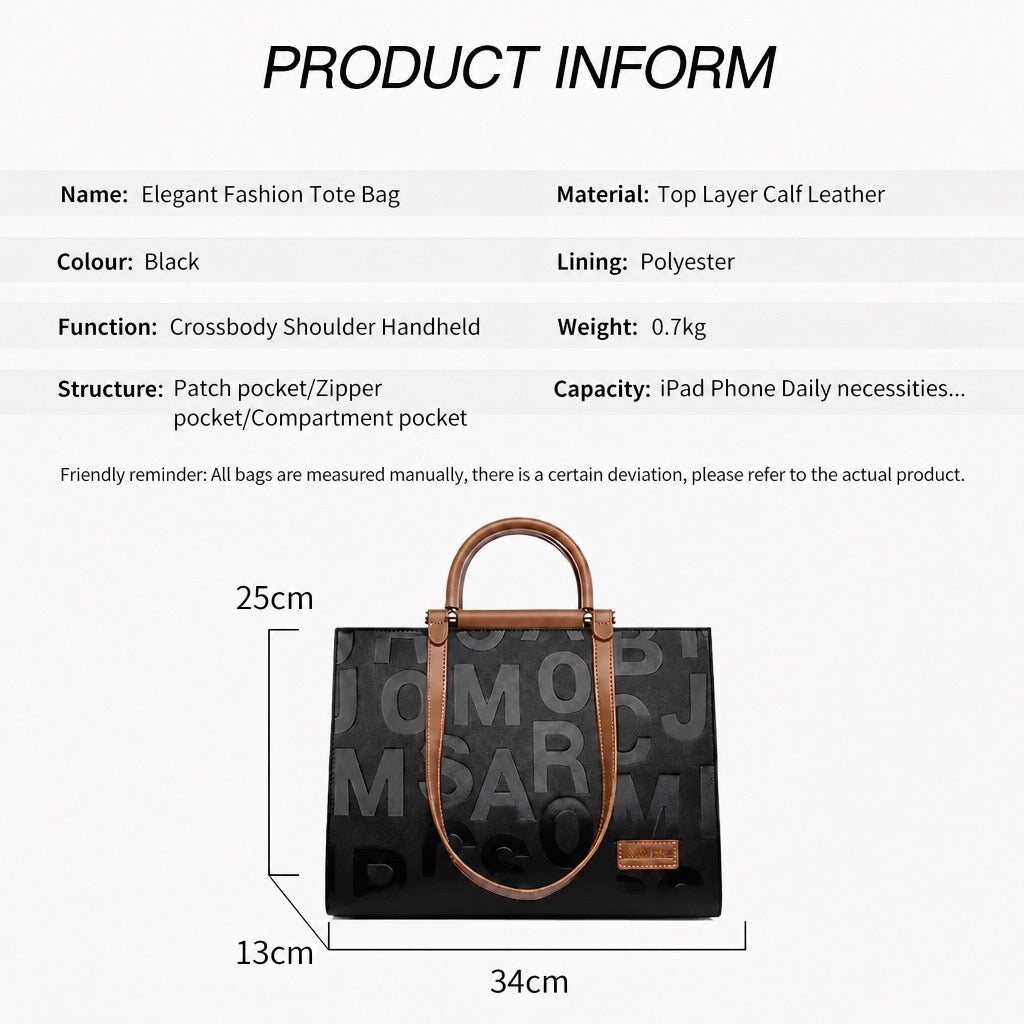 Black Embossed Letter Leather Tote Bag
