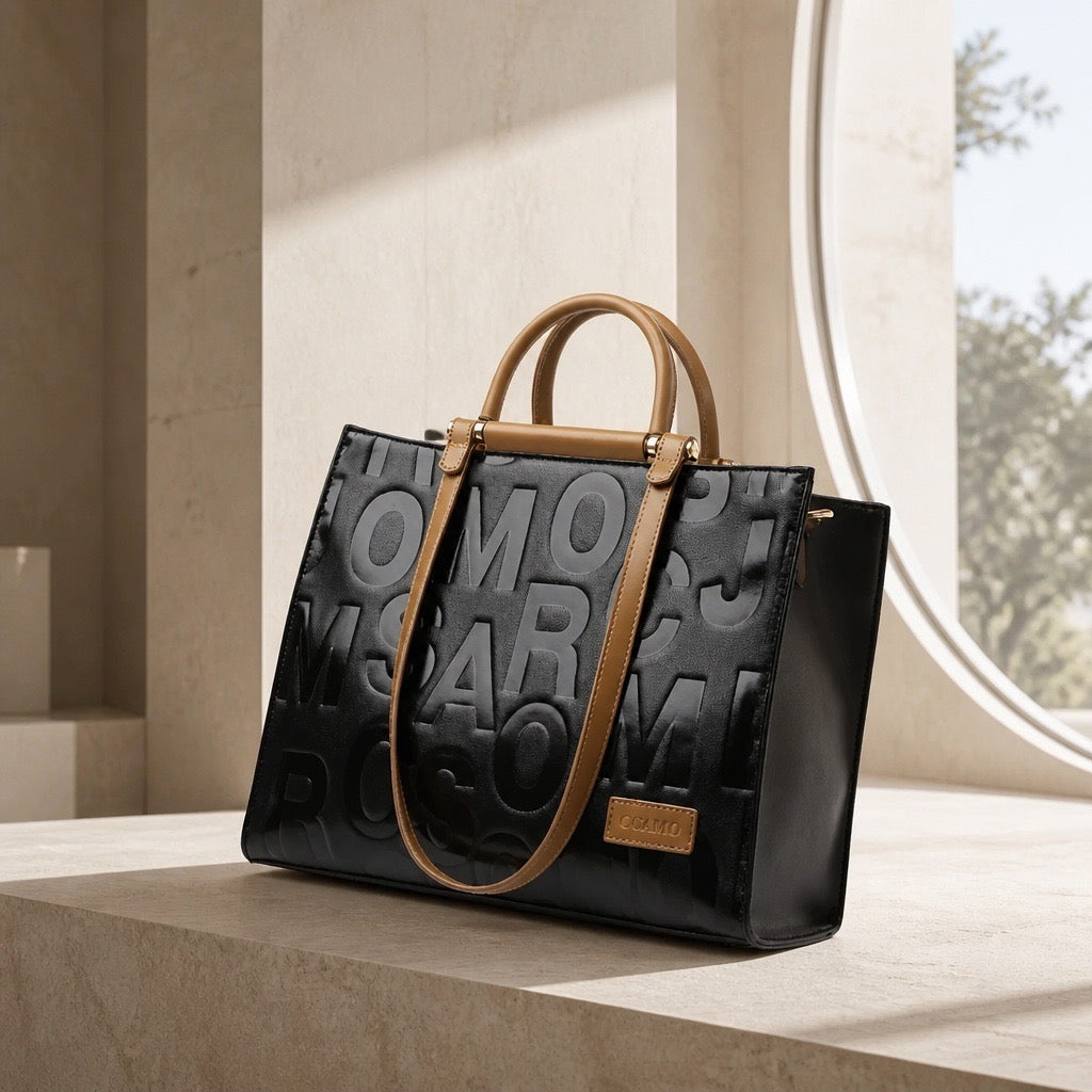 Black Embossed Letter Leather Tote Bag