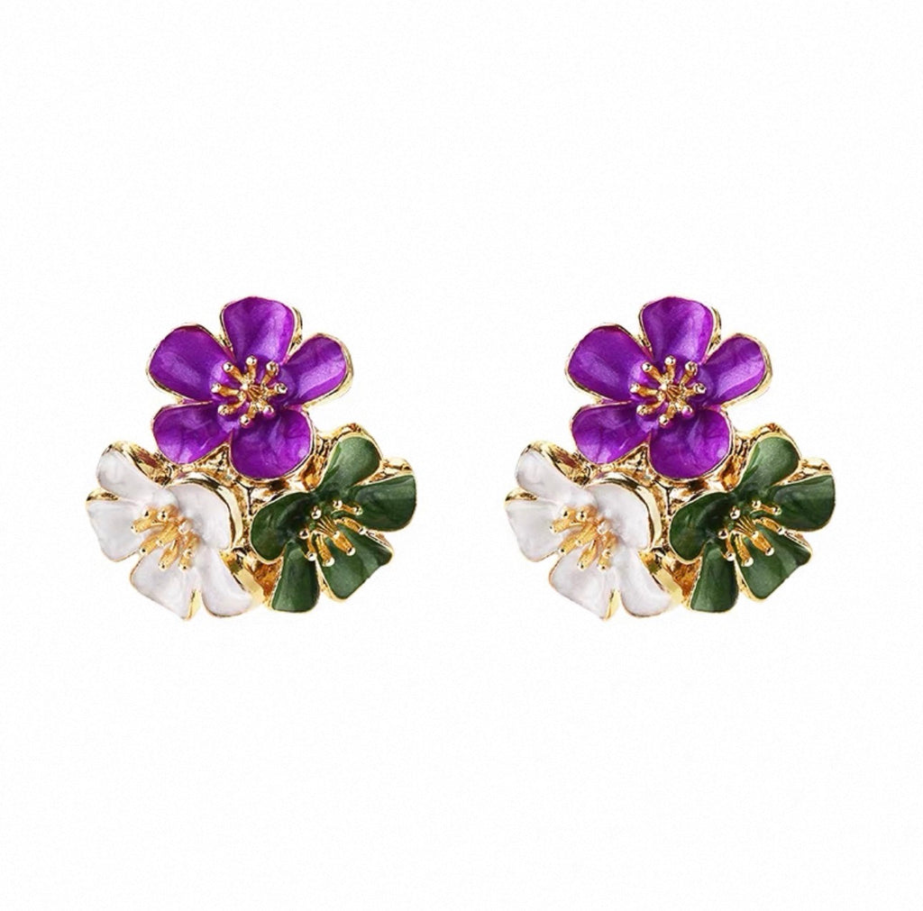 Purple enamel flower cluster stud earrings lifestyle shot on model