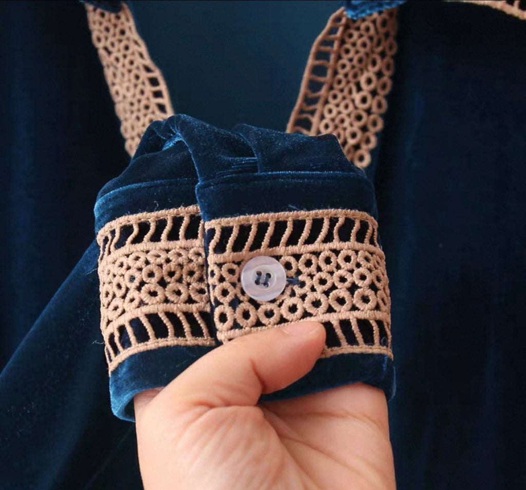 Navy Gold Lace-Trim Velvet Bodysuit - collar detail