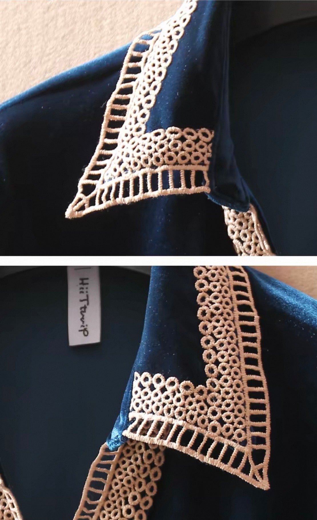 Navy Gold Lace-Trim Velvet Bodysuit - snap gusset detail