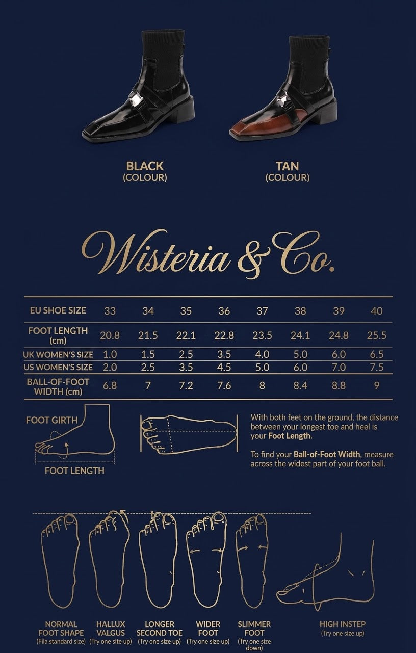 Wisteria & CO. size guide for Square Toe Buckle Sock Ankle Boot — EU 33–40, UK 1–6.5, US 2–7.5