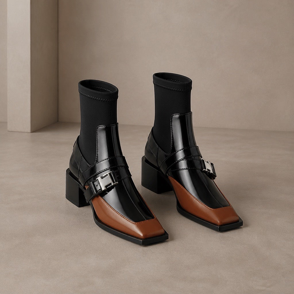 Square Toe Buckle Sock Ankle Boot