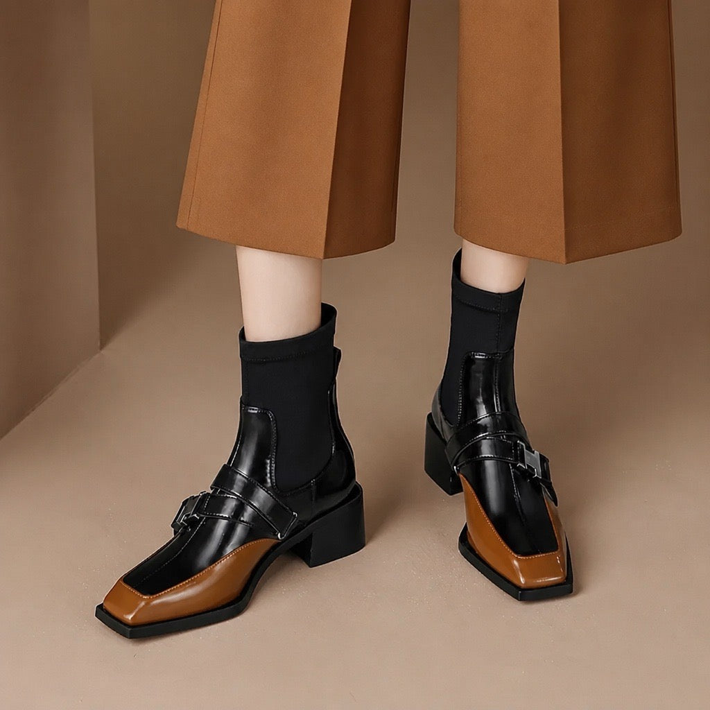 Square Toe Buckle Sock Ankle Boot