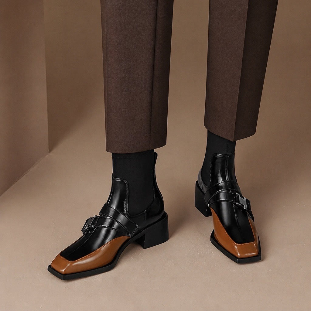 Square Toe Buckle Sock Ankle Boot