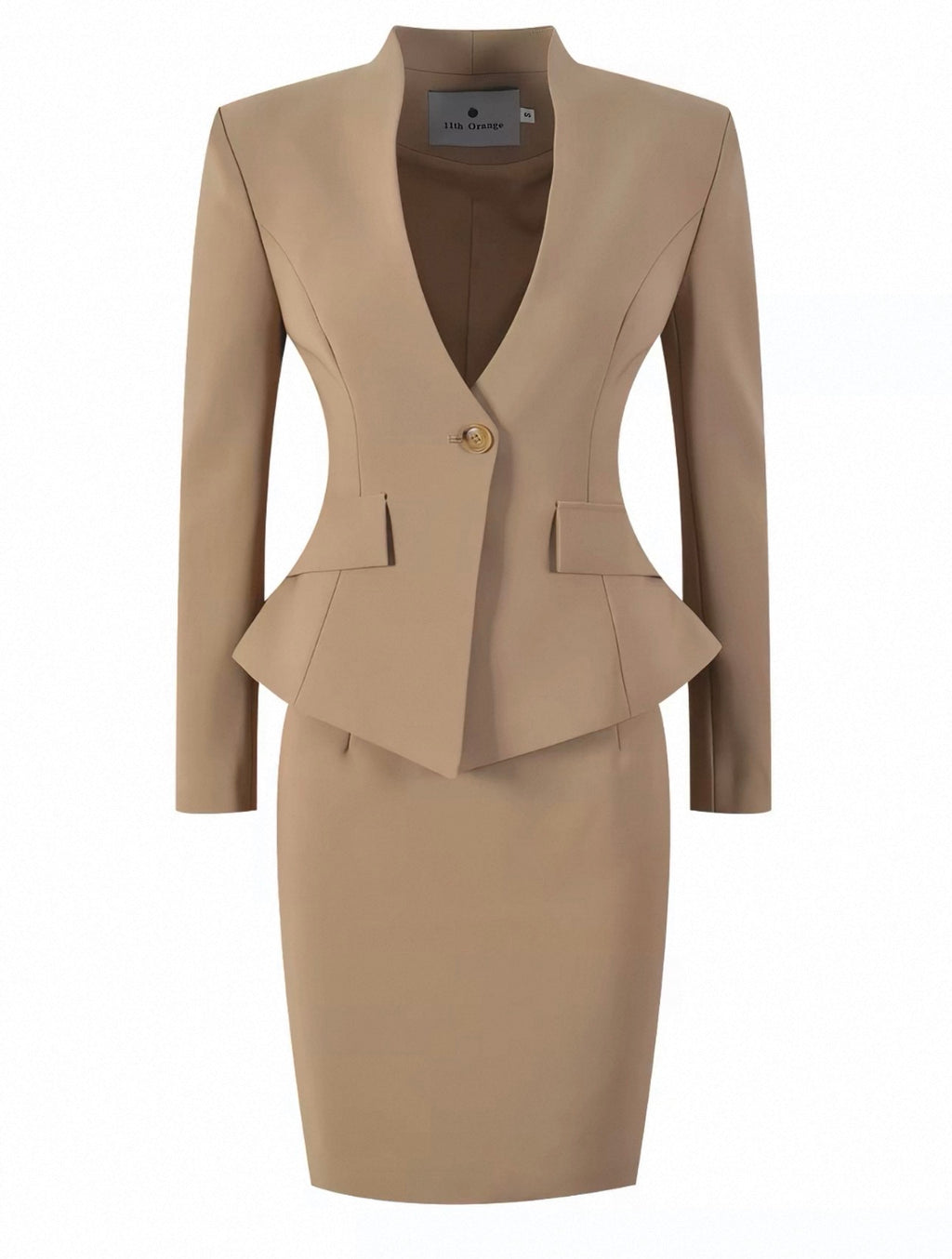 A beige two-piece suit featuring a structured blazer with a single button, notched lapels, and a peplum waist, paired with a matching fitted pencil skirt, shown on a plain white background.