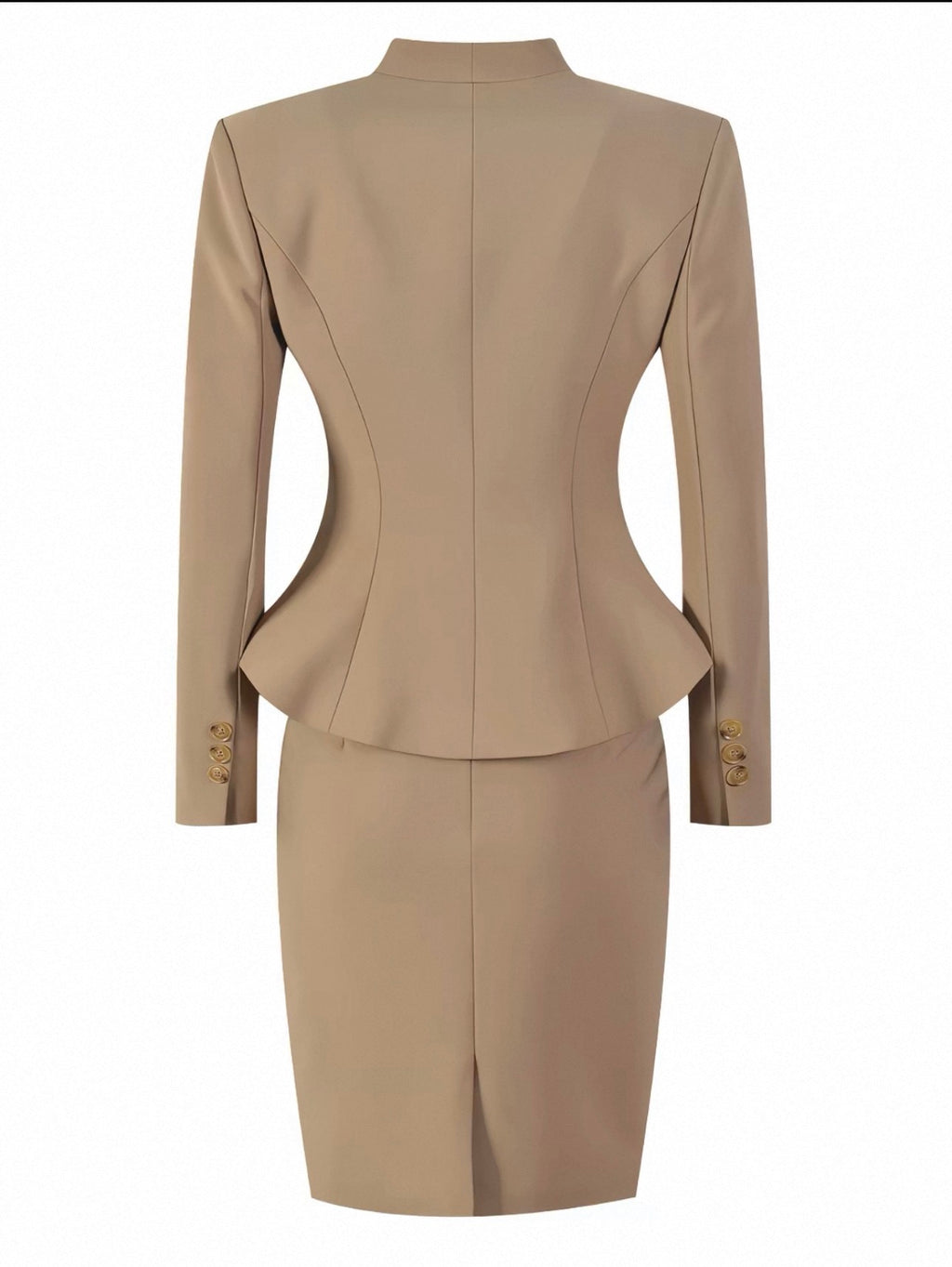 A beige two-piece suit shown from the back, featuring a structured blazer with long sleeves, decorative gold buttons on the cuffs, and a matching pencil skirt, set against a plain white background.