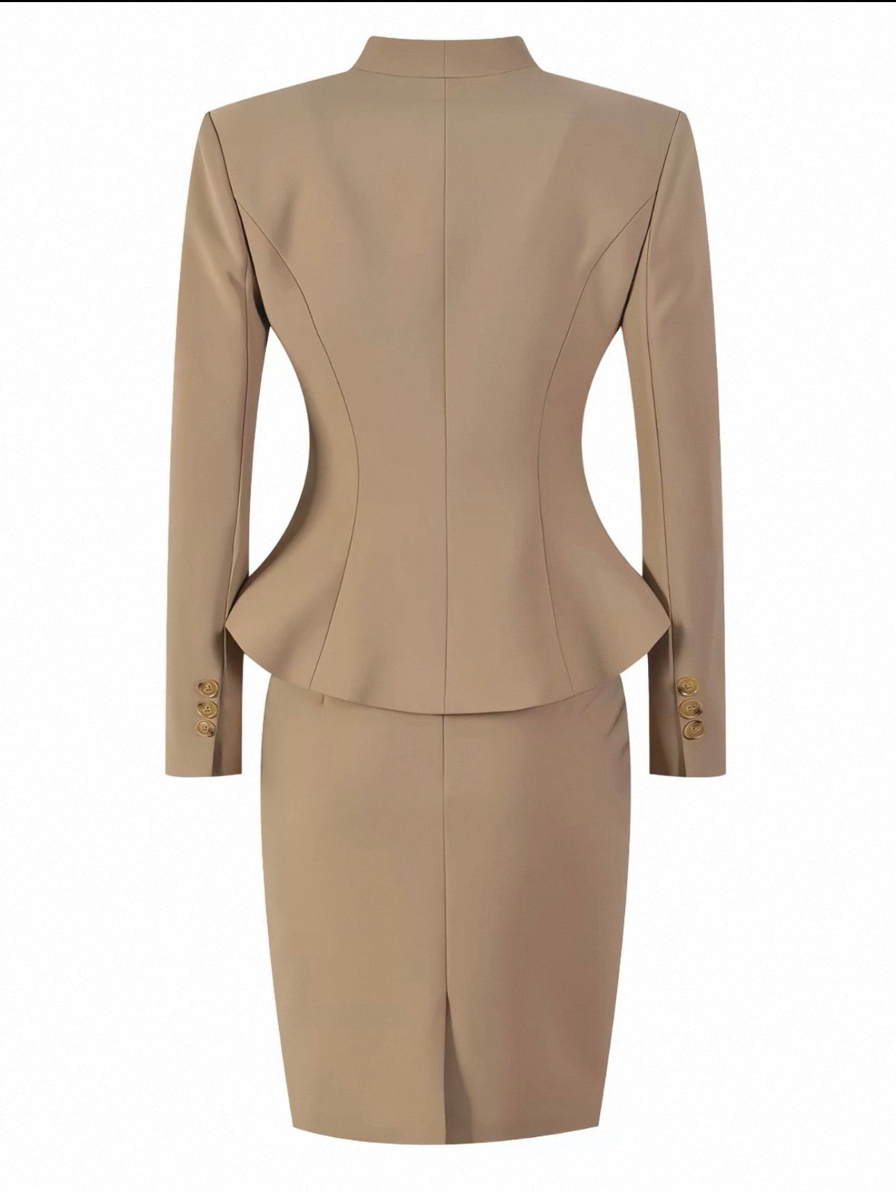 A beige two-piece suit shown from the back, featuring a structured blazer with long sleeves, decorative gold buttons on the cuffs, and a matching pencil skirt, set against a plain white background.