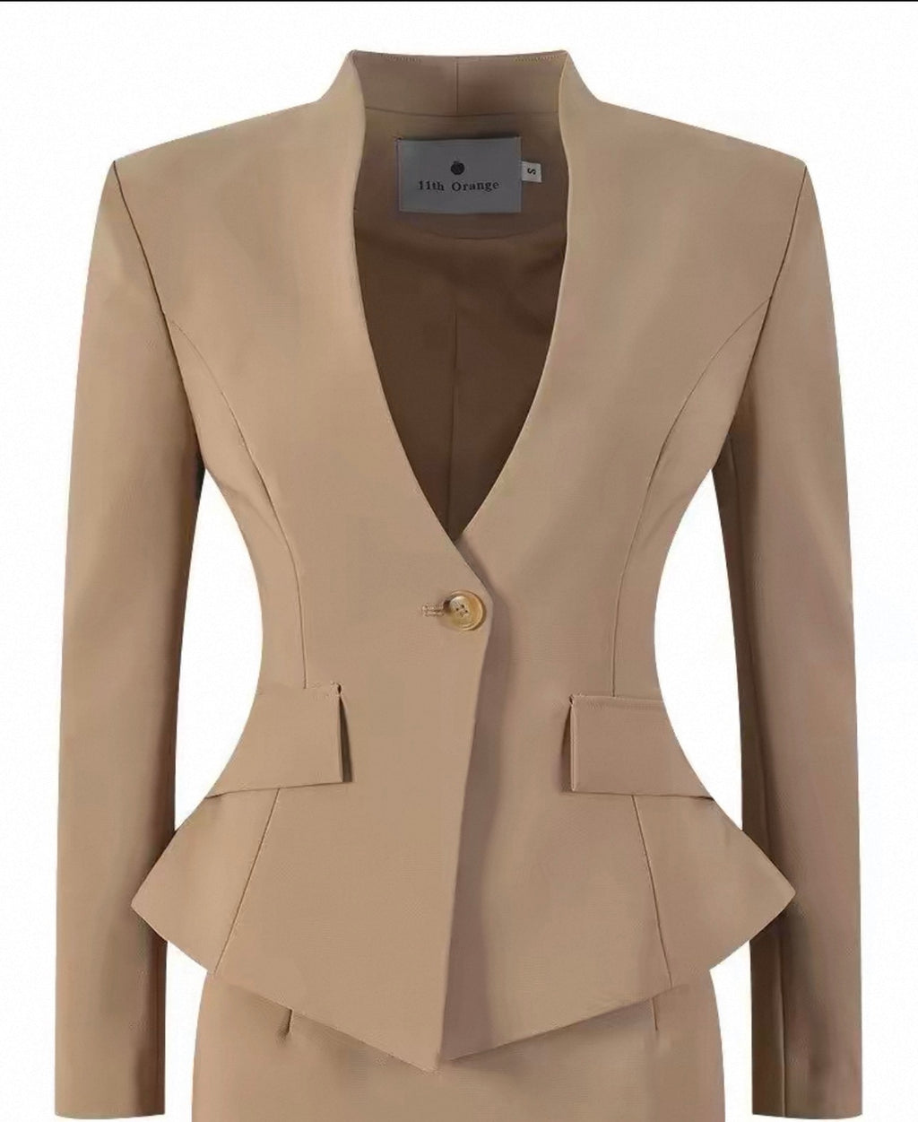 A beige tailored blazer with a deep V-neckline, single gold button, structured shoulders, and a peplum waist detail, shown against a plain white background.