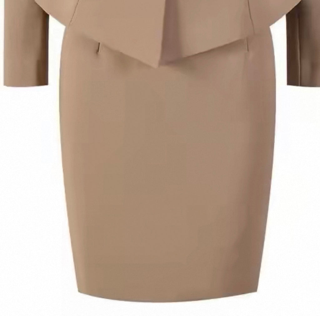A beige two-piece skirt suit featuring a structured pencil skirt and a matching structured blazer with a dramatic draped collar, shown on a plain white background.