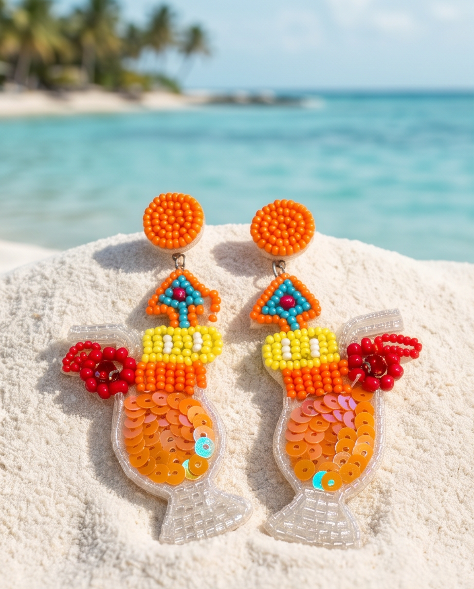 Close-up of tropical cocktail beaded earring showing orange sequins and seed bead detail