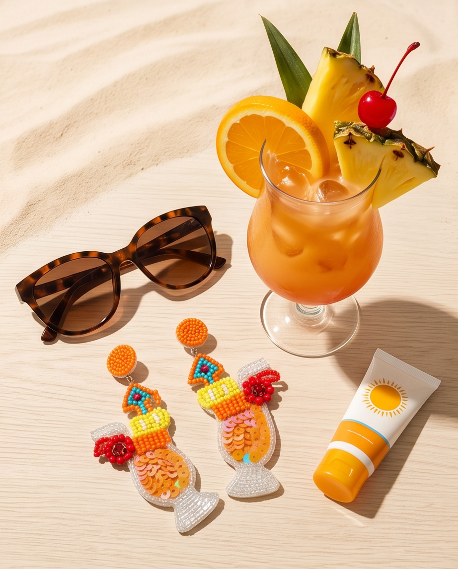 Tropical cocktail beaded earrings styled with sunglasses and cocktail on sandy surface