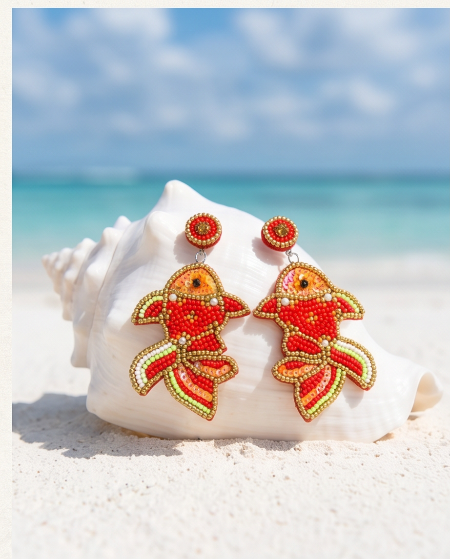 Goldfish beaded drop earrings on blue and white striped beach towel with straw hat and summer drink