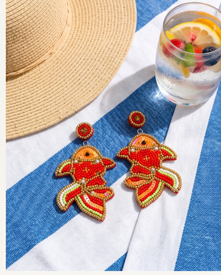 Goldfish beaded drop earrings displayed on white conch shell on sandy beach