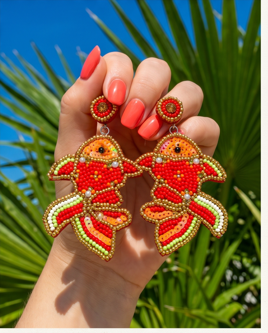 Extreme close-up of goldfish beaded earring showing red and gold seed bead detail with iridescent sequins