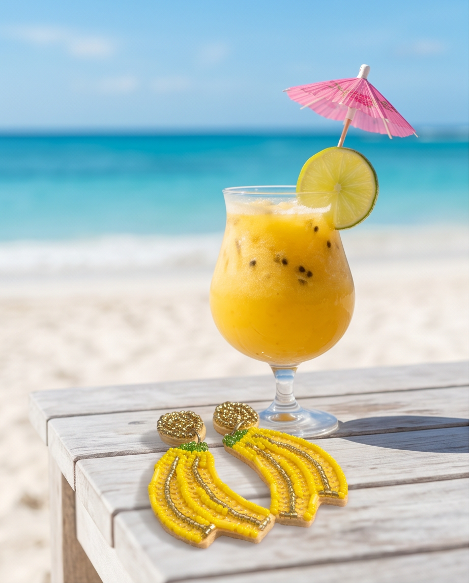 Banana bunch beaded drop earrings styled on straw hat with white linen shirt and sunscreen bottle