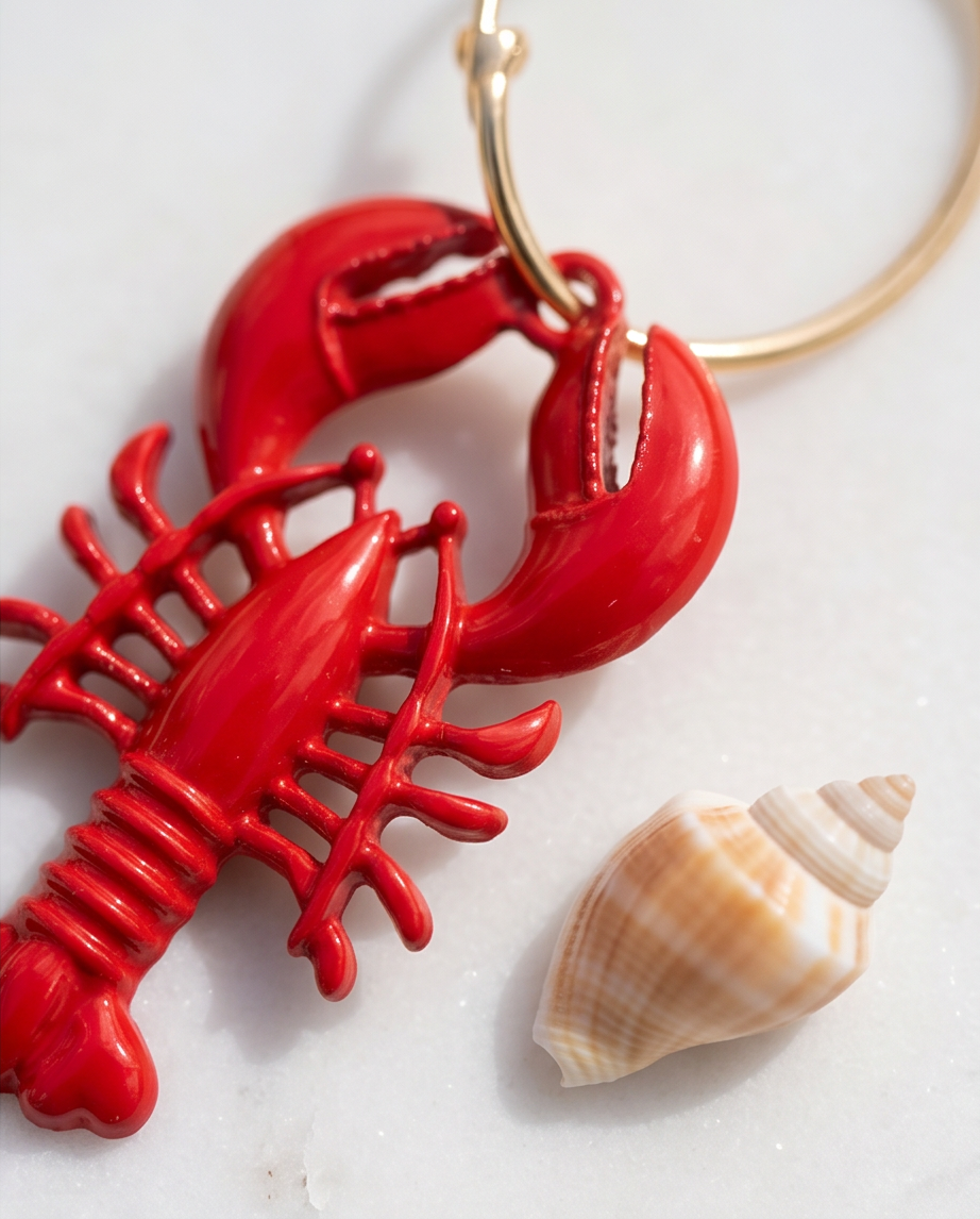 Pair of red lobster hoop earrings on teal painted wooden table with cat-eye sunglasses and Aperol Spritz