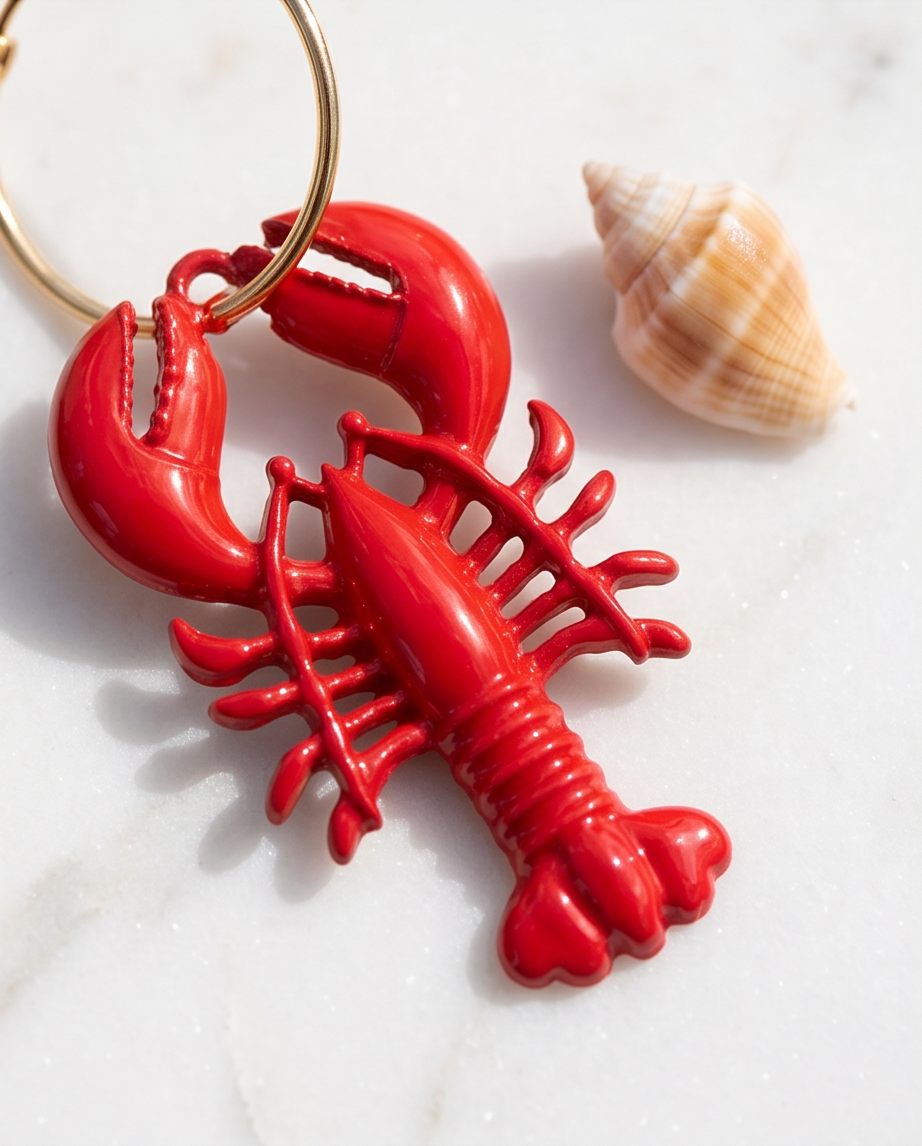Close-up of red lobster hoop earring on white marble surface with conch shell