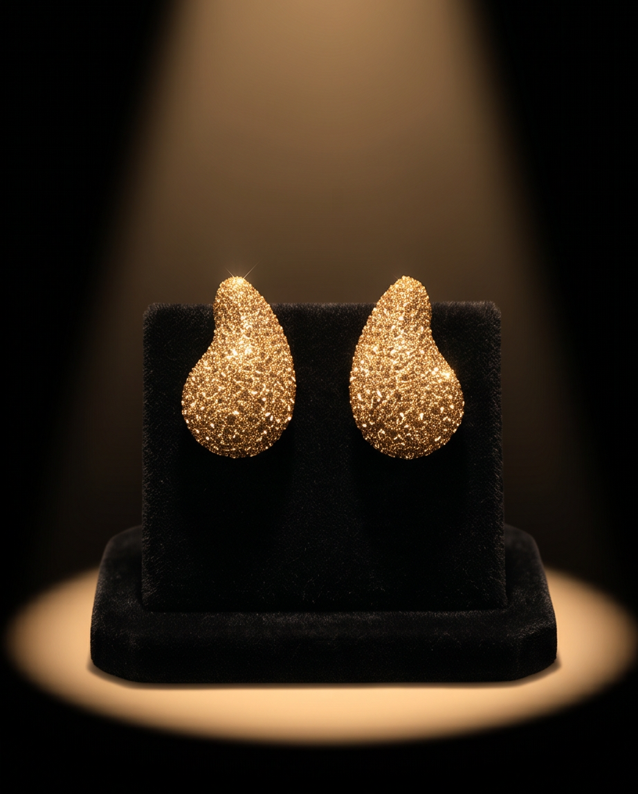 Pair of gold glitter teardrop stud earrings on champagne silk fabric next to wax-sealed envelope and opera glasses