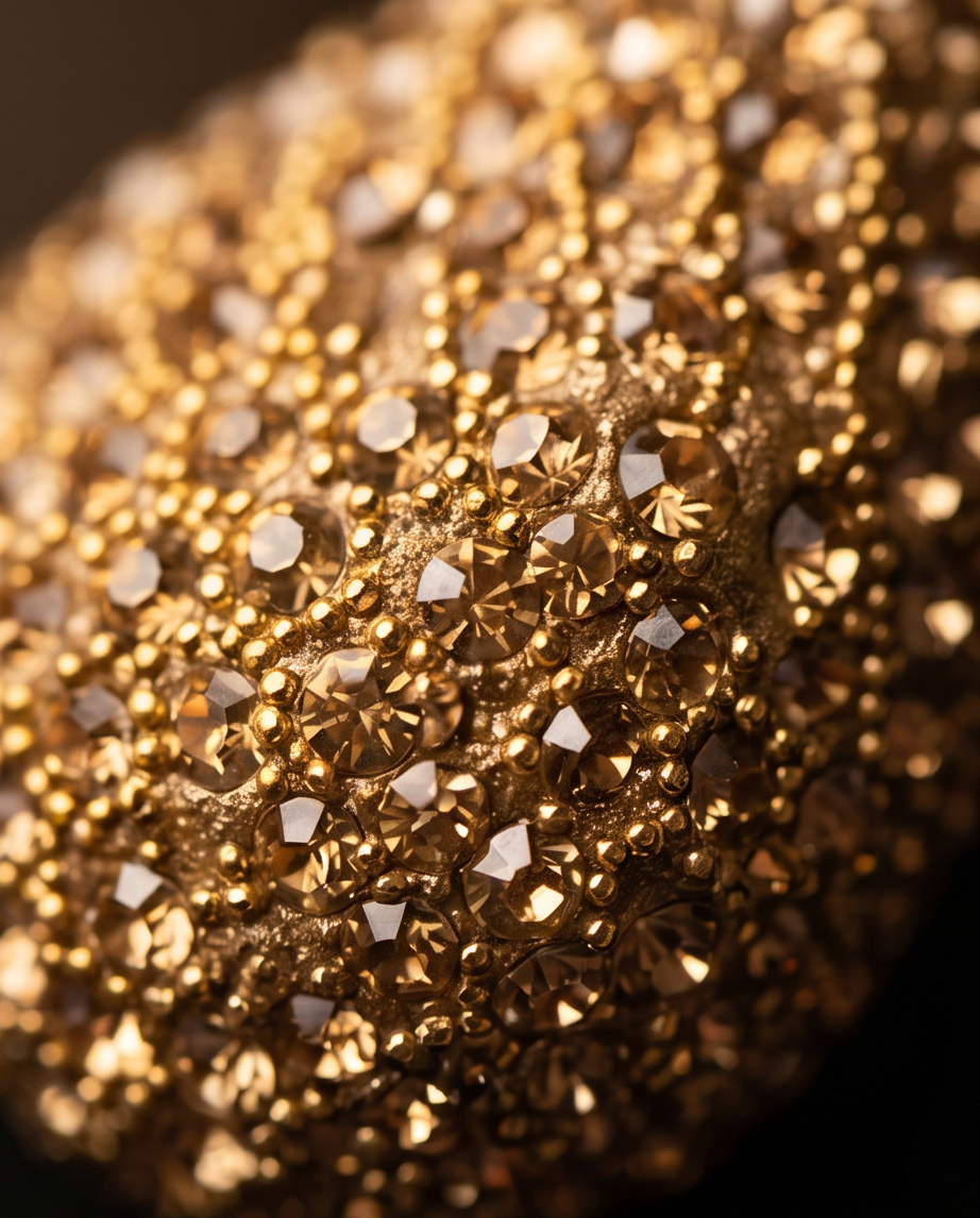Extreme macro close-up of gold glitter teardrop earring showing micro-faceted crystal detail
