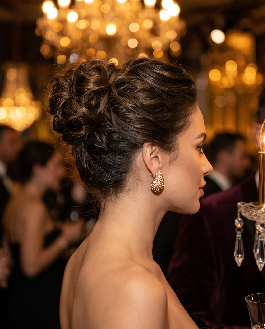 Model wearing gold glitter teardrop stud earring at glamorous chandelier gala event