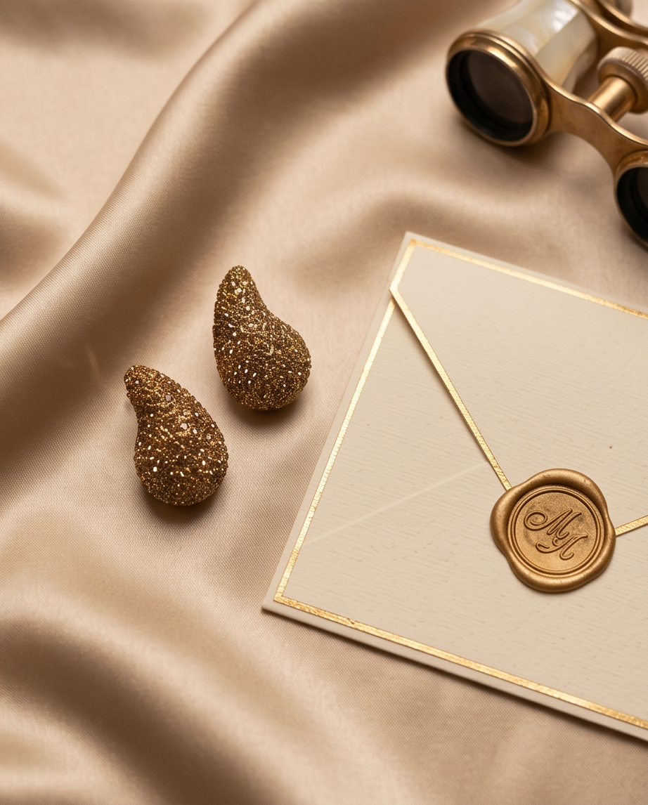 Pair of gold glitter teardrop stud earrings displayed on black velvet jewellery stand under dramatic spotlight