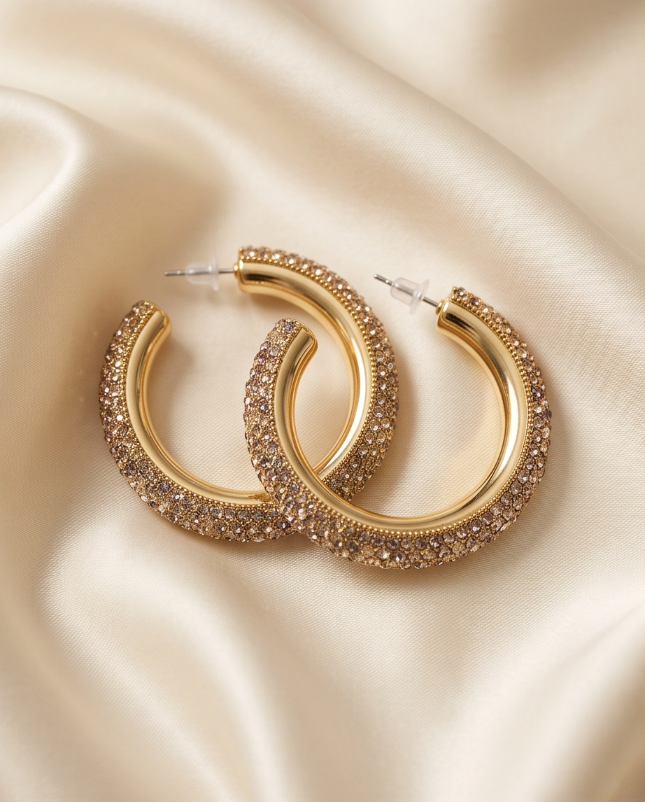 Model wearing gold pavé crystal hoop earrings with sleek updo in dark glamorous bar setting